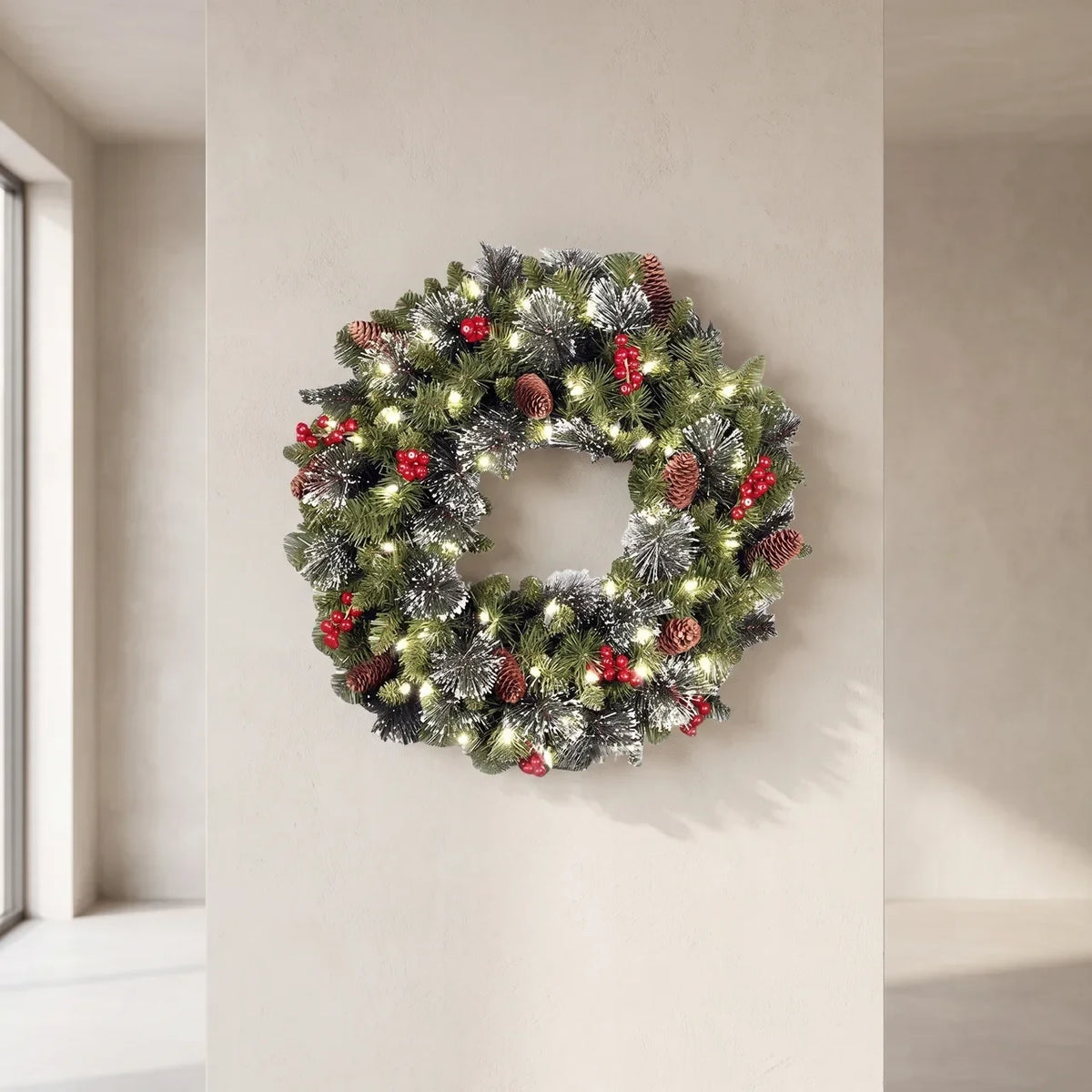 Christmas Wreath with LED Lights Artificial Pine Foliage Red Berries and Cones - Image 1