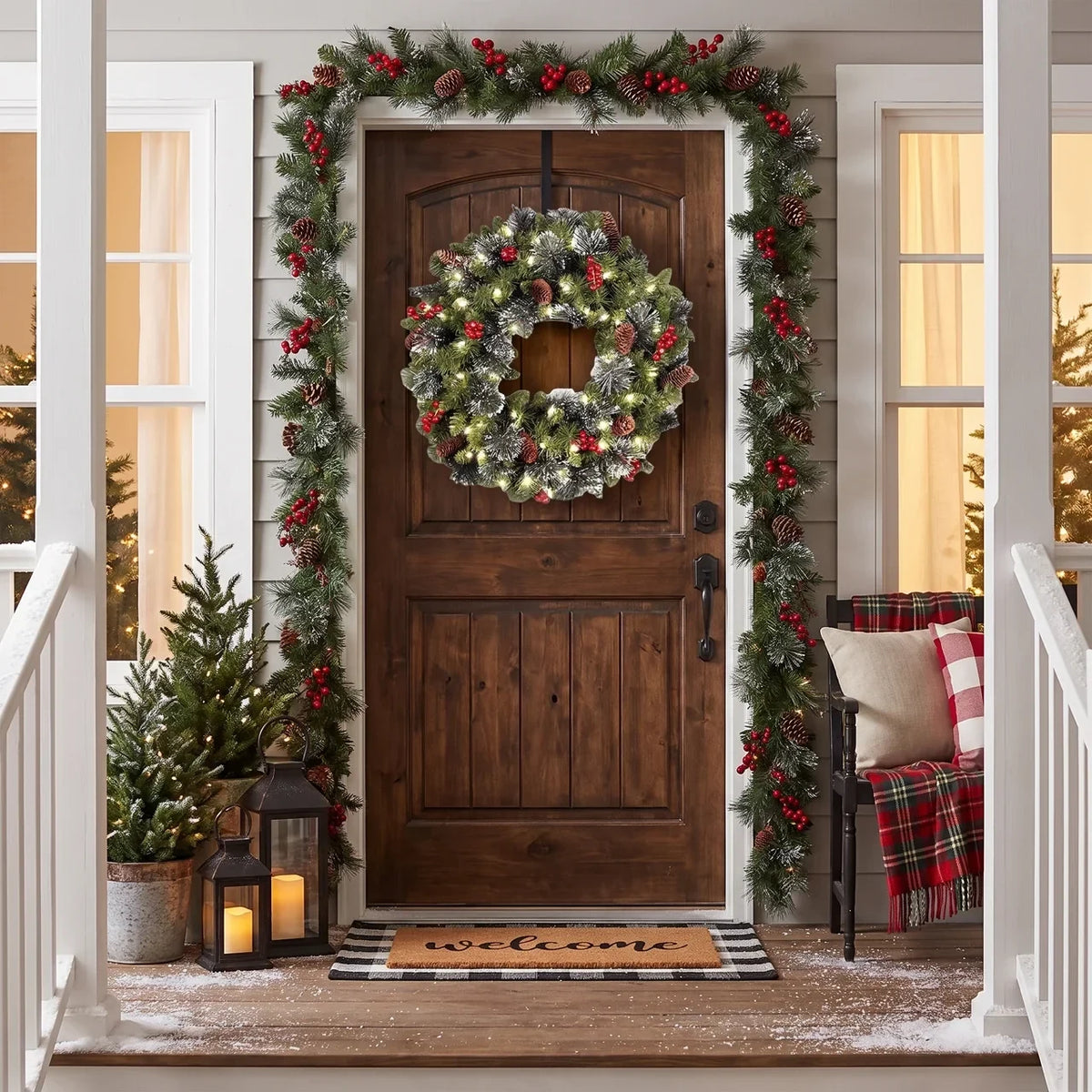 Christmas Wreath with LED Lights Artificial Pine Foliage Red Berries and Cones - Image 2