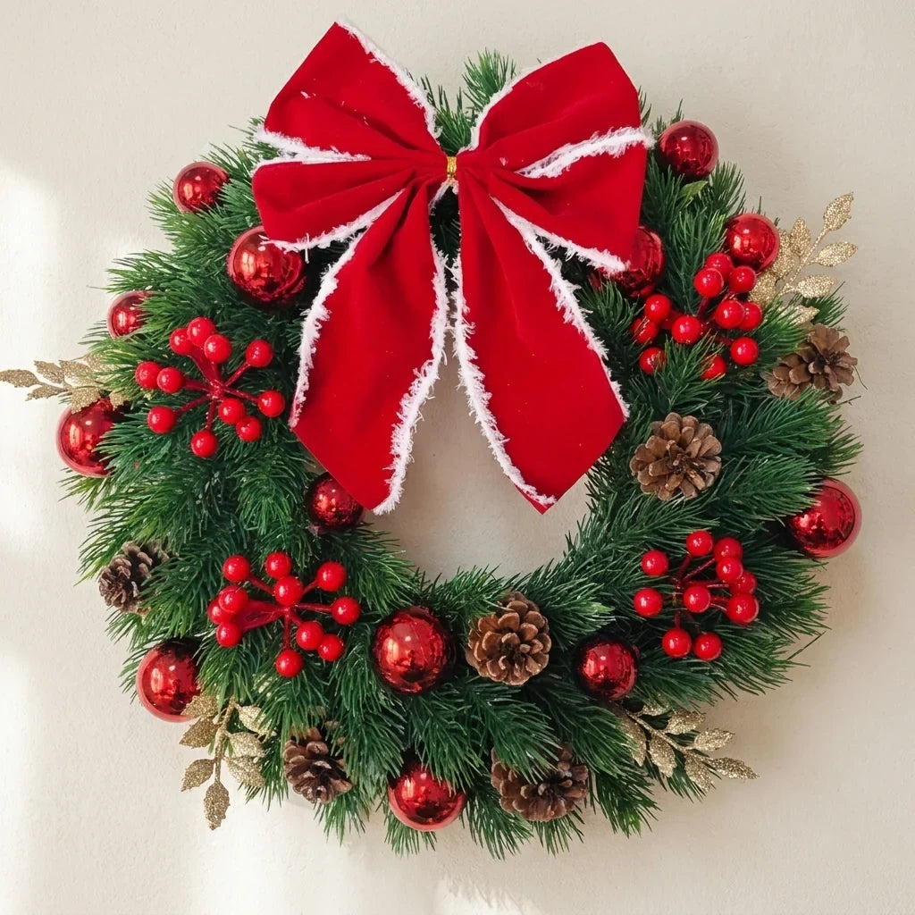 Christmas Wreath with Red Velvet Bow Ornaments and Pine Cones for Front Door - Image 1