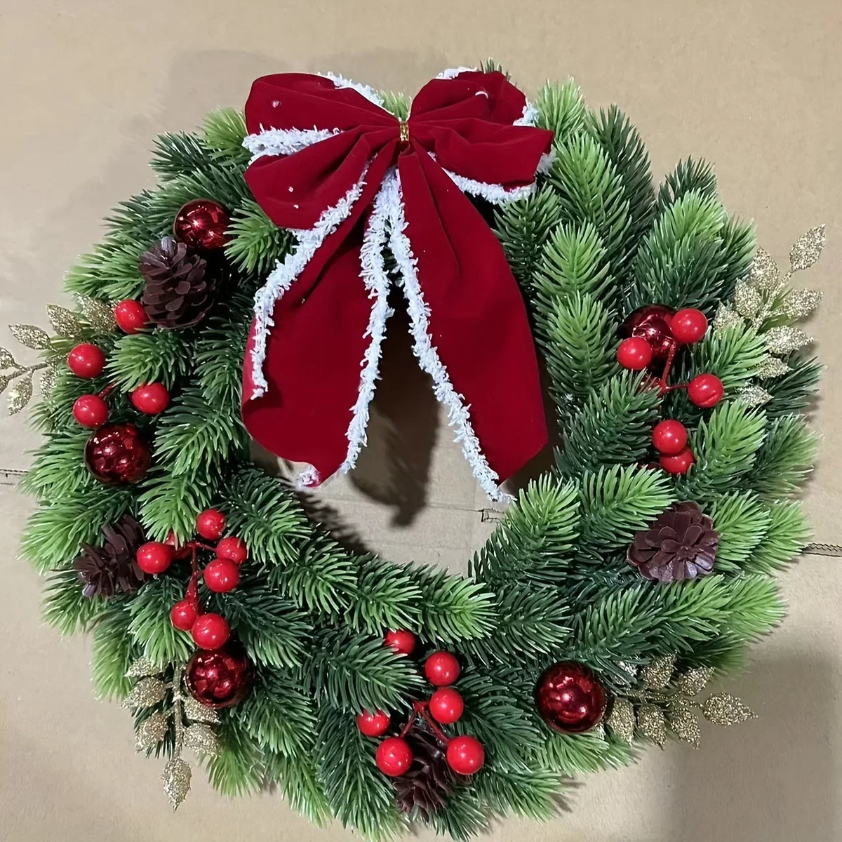 Christmas Wreath with Red Velvet Bow Ornaments and Pine Cones for Front Door - Image 2