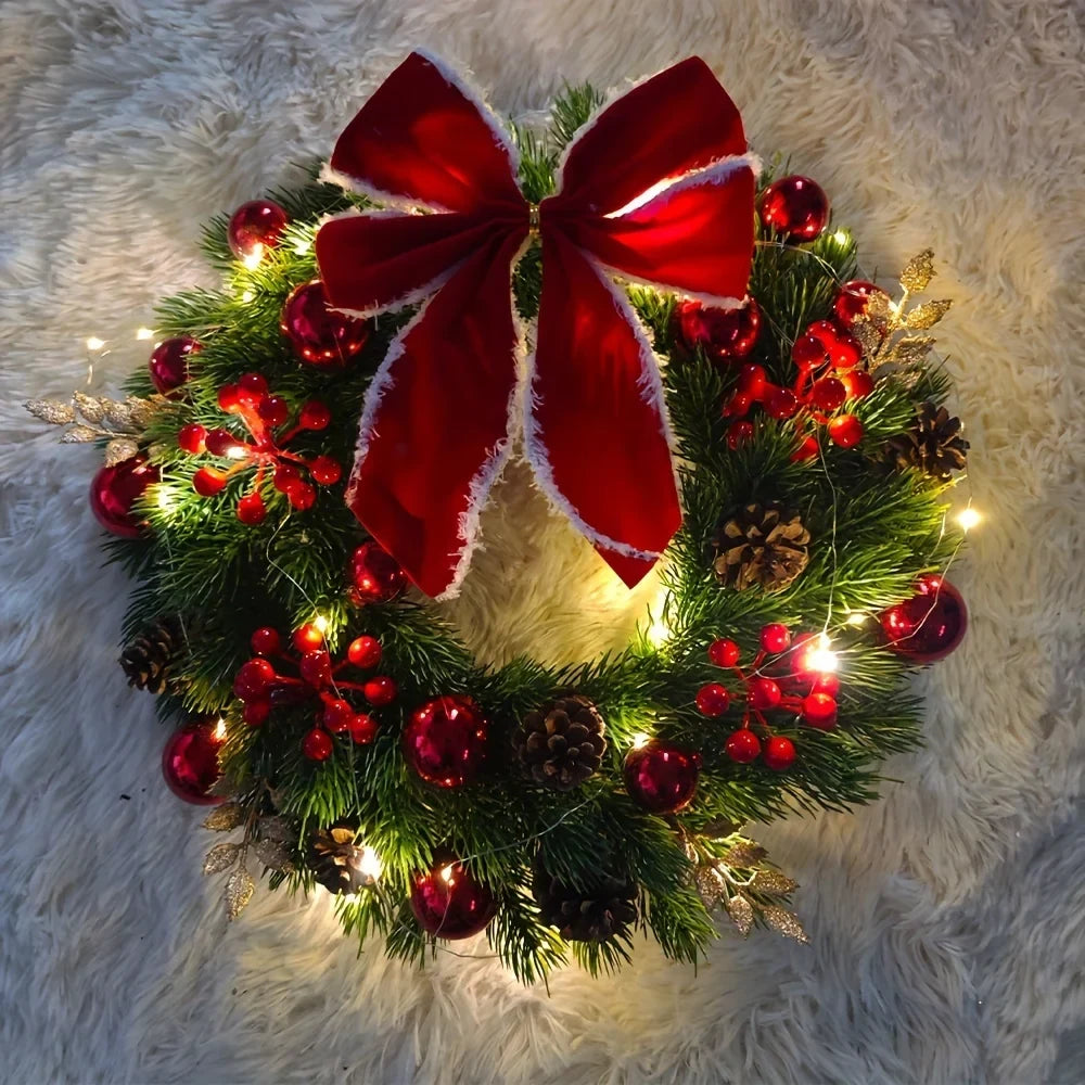 Christmas Wreath with Red Velvet Bow Ornaments and Pine Cones for Front Door - Image 3