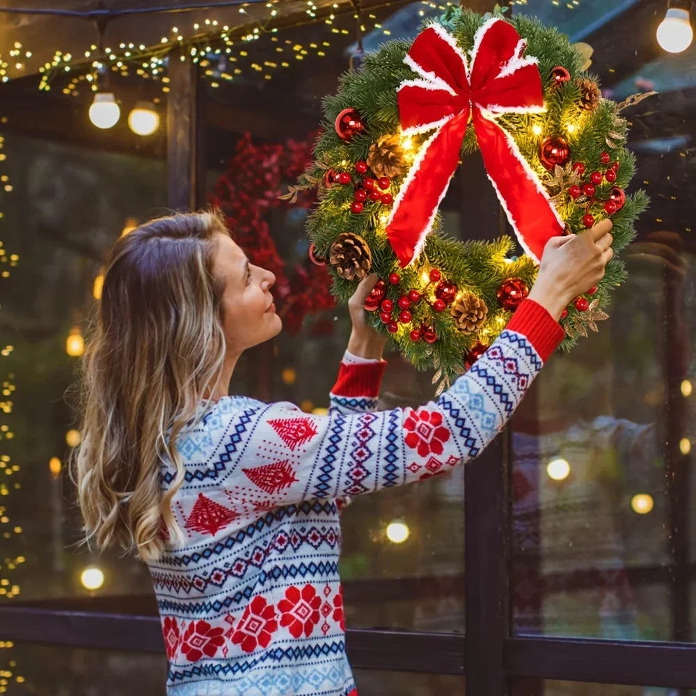 Christmas Wreath with Red Velvet Bow Ornaments and Pine Cones for Front Door - Image 4