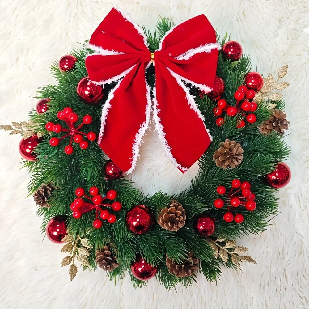 Christmas Wreath with Red Velvet Bow Ornaments and Pine Cones for Front Door - Image 7