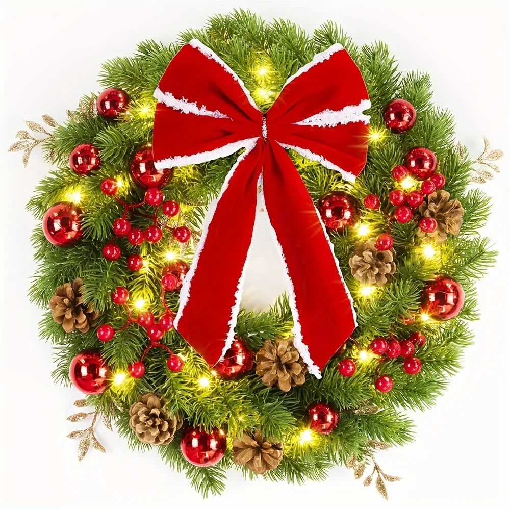 Christmas Wreath with Red Velvet Bow Ornaments and Pine Cones for Front Door - Image 8