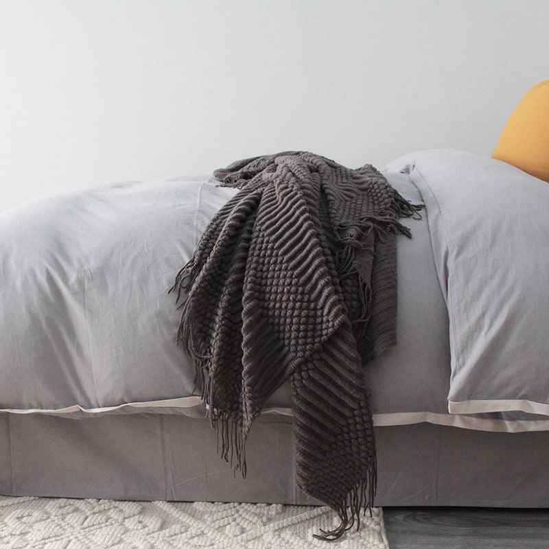 Chunky Knit Throw Blanket with Fringe Textured Popcorn Super Soft Polyester Sofa Size 127x170cm - Image 1