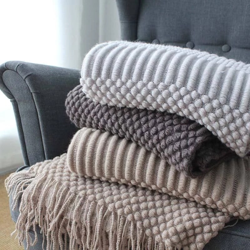 Chunky Knit Throw Blanket with Fringe Textured Popcorn Super Soft Polyester Sofa Size 127x170cm - Image 2