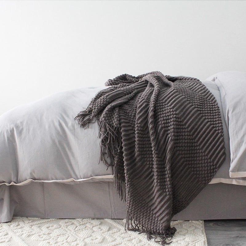 Chunky Knit Throw Blanket with Fringe Textured Popcorn Super Soft Polyester Sofa Size 127x170cm - Image 3