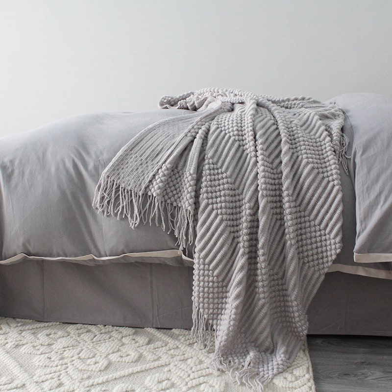 Chunky Knit Throw Blanket with Fringe Textured Popcorn Super Soft Polyester Sofa Size 127x170cm - Image 7