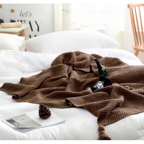 Chunky Knit Throw Blanket with Pom-Pom Tassels for Sofa - Image 1