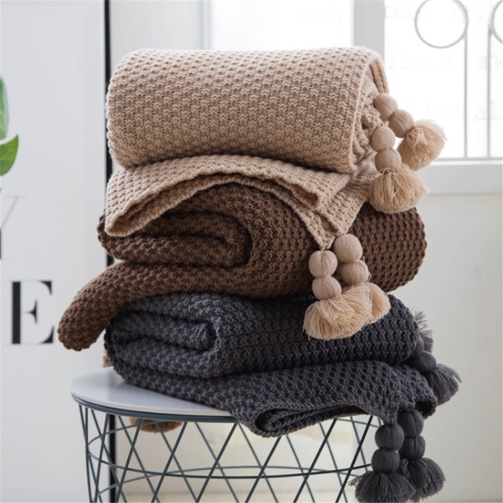 Chunky Knit Throw Blanket with Pom-Pom Tassels for Sofa - Image 8