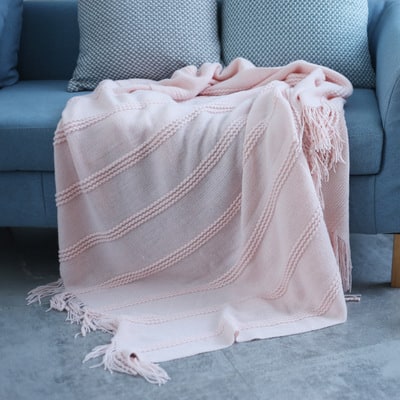Chunky Knit Throw Blanket with Textured Stripes and Tassel Fringe - Image 1
