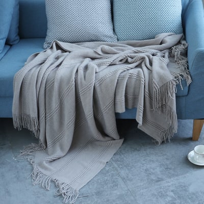 Chunky Knit Throw Blanket with Textured Stripes and Tassel Fringe - Image 2