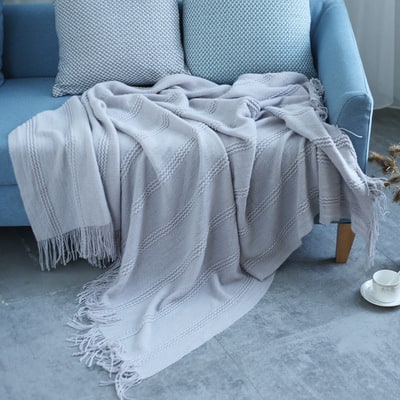 Chunky Knit Throw Blanket with Textured Stripes and Tassel Fringe - Image 3