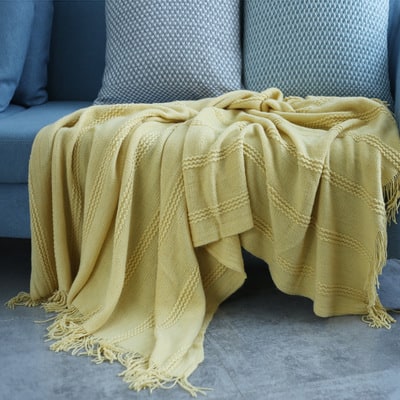 Chunky Knit Throw Blanket with Textured Stripes and Tassel Fringe - Image 5