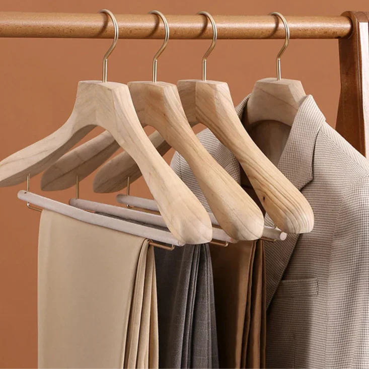 Clothes Hangers Wooden Coat Suit Wide Shoulder Non Slip Metal Clips Camphor Wood - Image 1