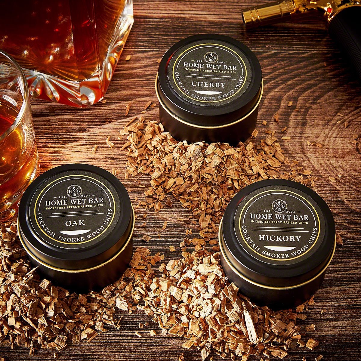 Cocktail Smoker Wood Chips Set with Oak Cherry and Hickory Smoking in 3 Tins - Image 1