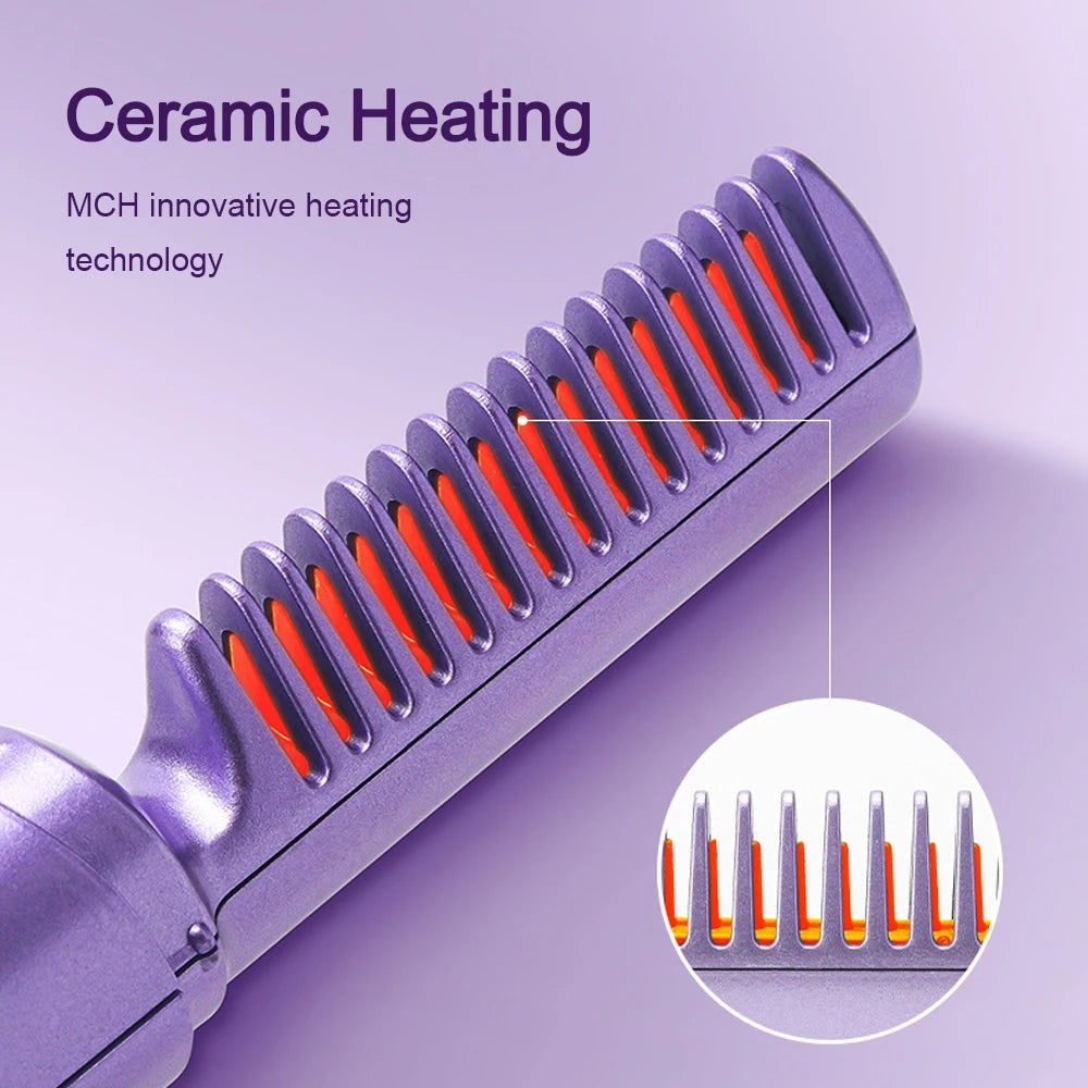 Cordless Hair Straightener Brush Portable Wireless LED Ceramic Heated Comb - Image 2