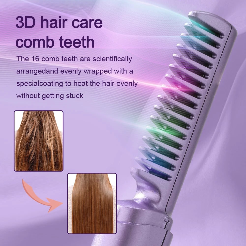 Cordless Hair Straightener Brush Portable Wireless LED Ceramic Heated Comb - Image 3