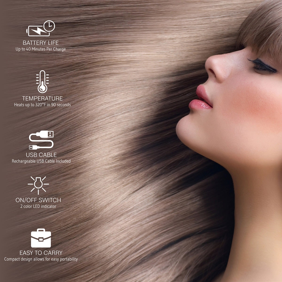 Cordless Hair Straightener Portable Ceramic Rechargeable USB LED Travel Wireless - Image 3