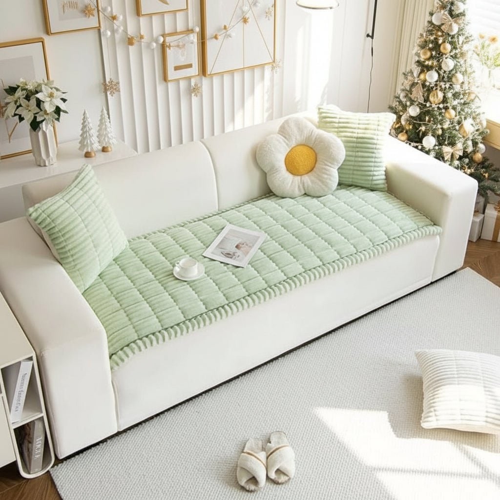 Couch Cover Sofa Seat Cushion Plush Padded Quilted Ribbed Runner Microfiber - Image 3