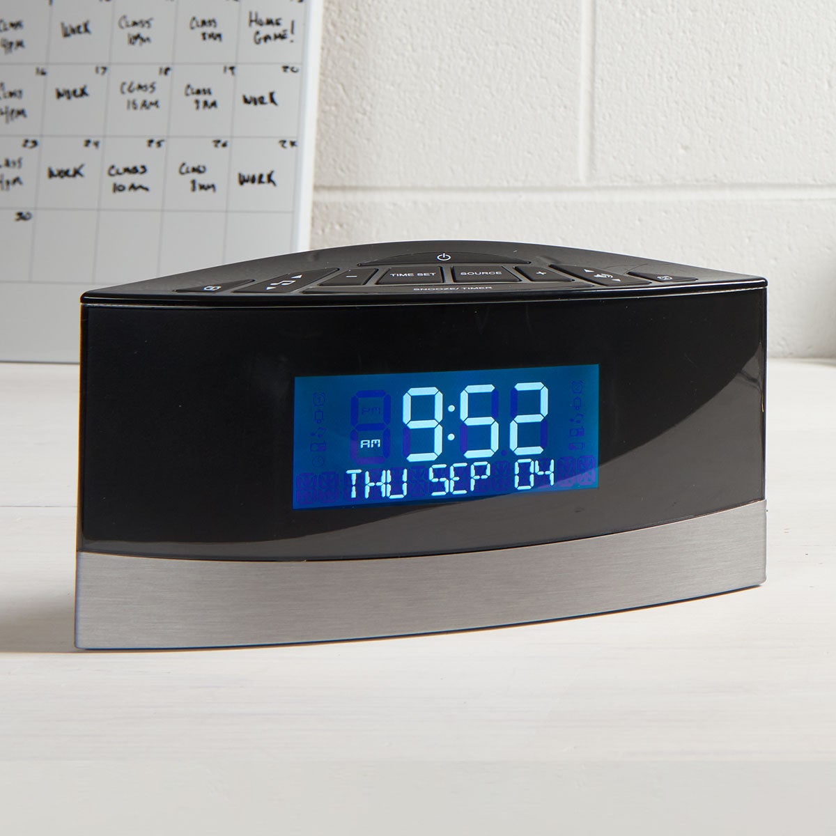 Digital Alarm Clock Radio Bedside Sound Machine Calendar Display Metal White Noise - Image 1