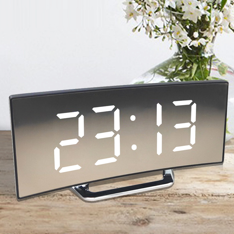Digital Alarm Clock with Curved LED Mirror Display and Auto Dimming - Image 1