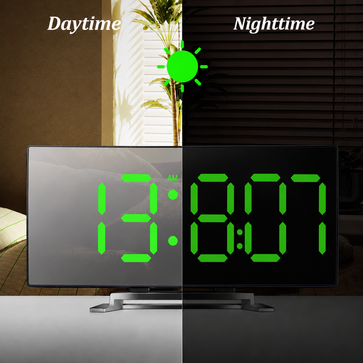 Digital Alarm Clock with Curved LED Mirror Display and Auto Dimming - Image 3