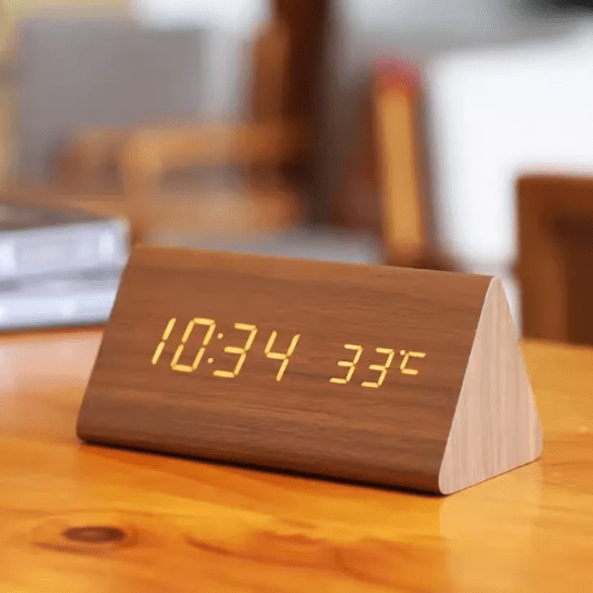 Digital Alarm Clock Wood LED Temperature Display Calendar Wooden - Image 1