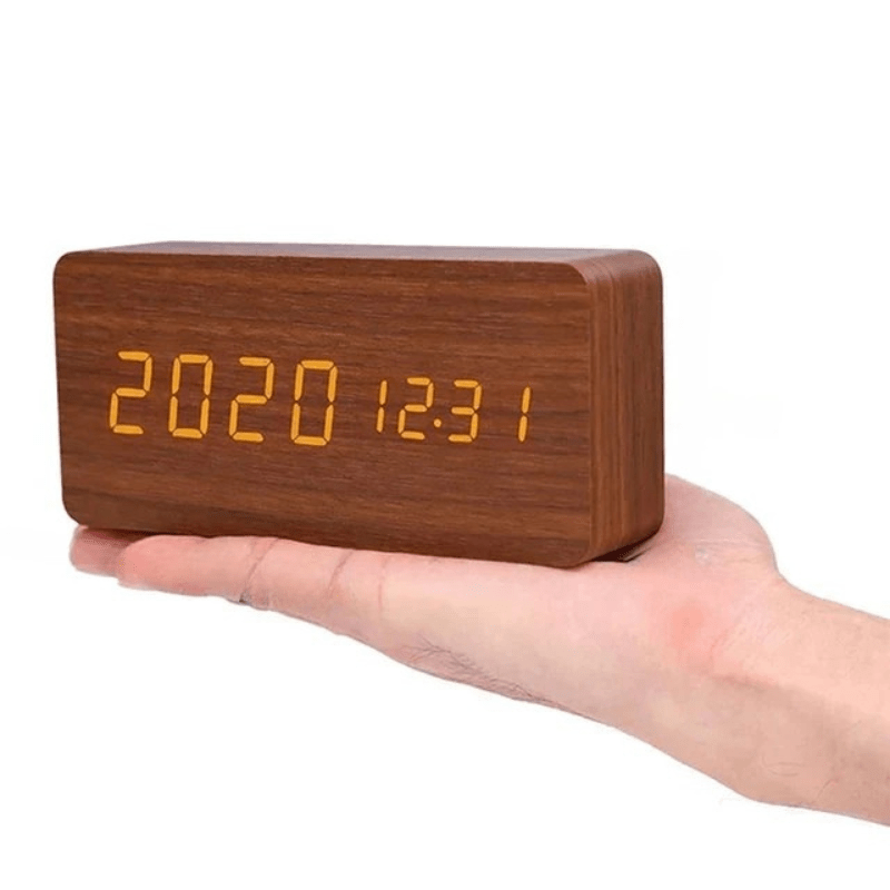 Digital Alarm Clock Wood LED Temperature Display Calendar Wooden - Image 10