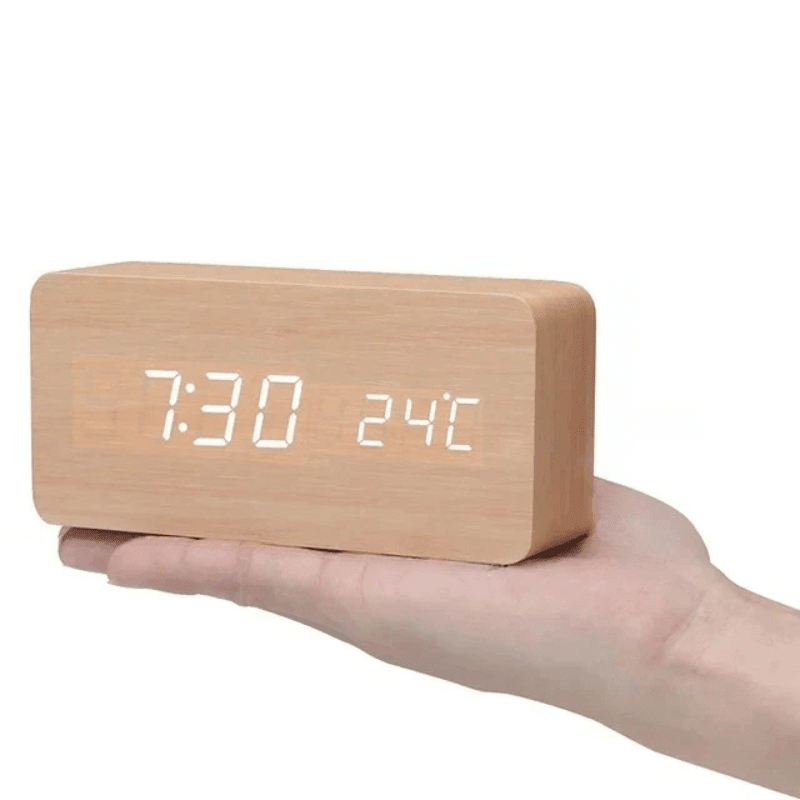 Digital Alarm Clock Wood LED Temperature Display Calendar Wooden - Image 15