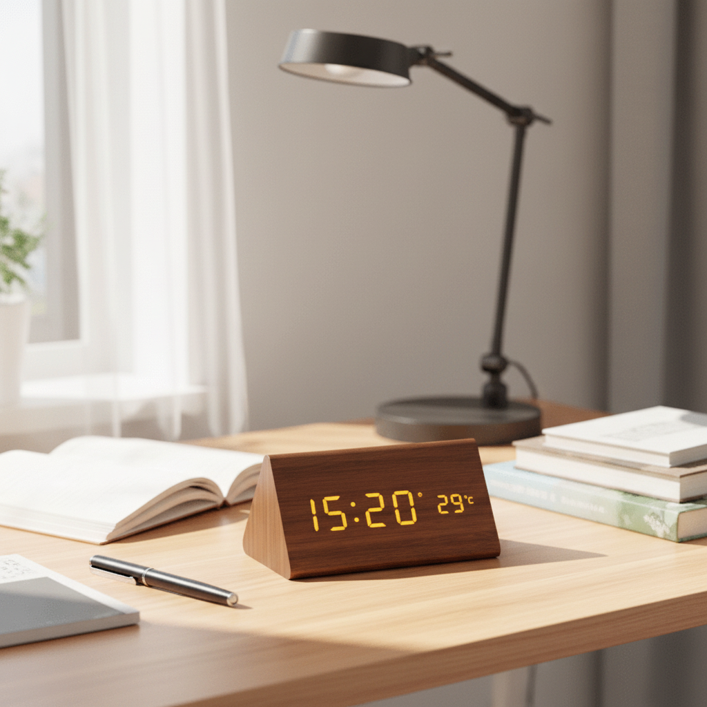 Digital Alarm Clock Wood LED Temperature Display Calendar Wooden - Image 2
