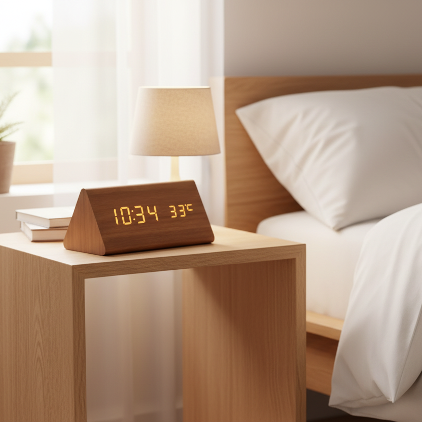 Digital Alarm Clock Wood LED Temperature Display Calendar Wooden - Image 3