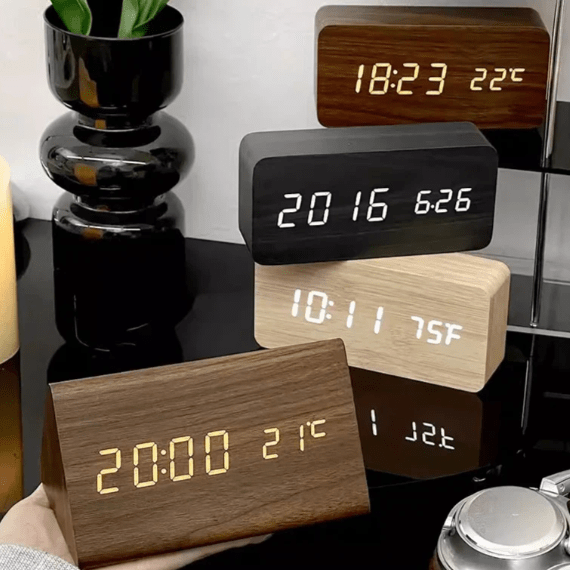Digital Alarm Clock Wood LED Temperature Display Calendar Wooden - Image 4