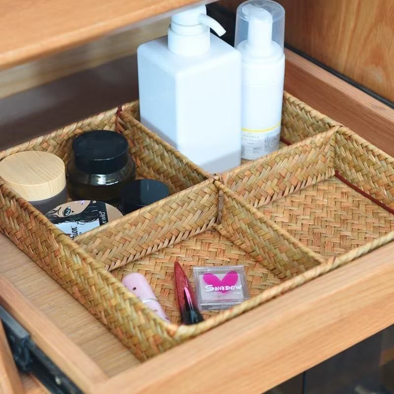 Drawer Organizer with 4 Compartments Woven Seagrass Kitchen Utensil Storage Tray - Image 1