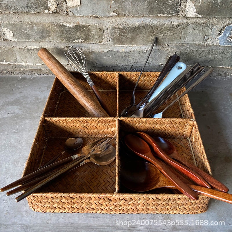Drawer Organizer with 4 Compartments Woven Seagrass Kitchen Utensil Storage Tray - Image 2