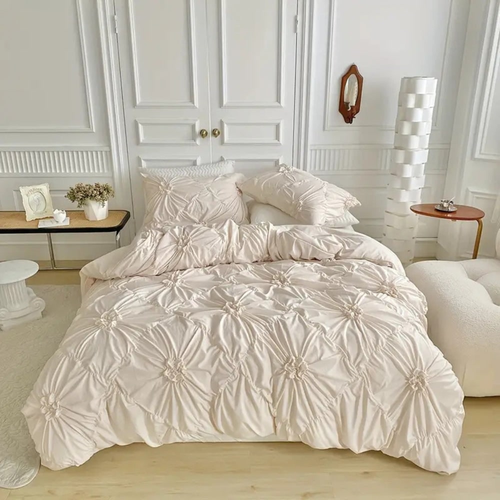 Duvet Cover Set with Pinch Pleat and Ruffled Flower Rosettes Textured Bedding Full Size - Image 1