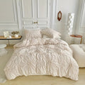 Duvet Cover Set with Pinch Pleat and Ruffled Flower Rosettes Textured Bedding Full Size - Image 1