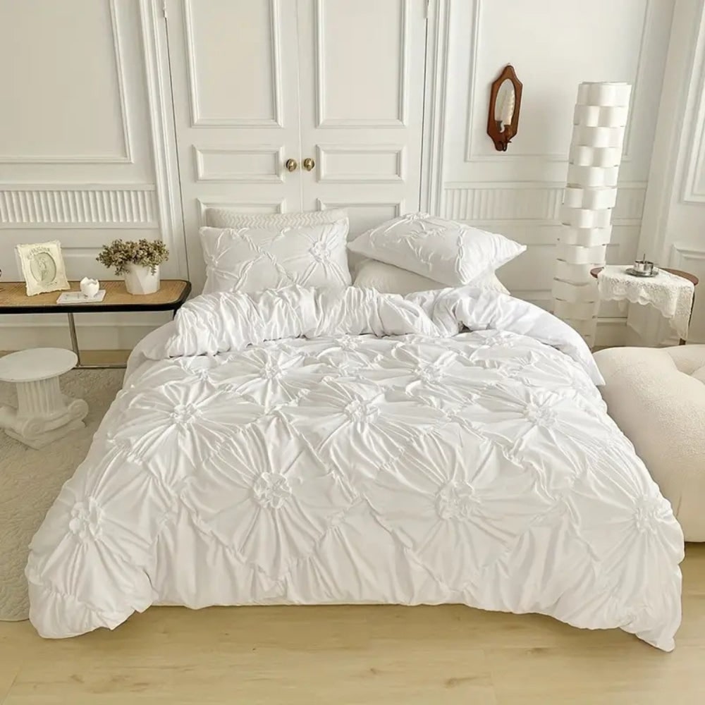 Duvet Cover Set with Pinch Pleat and Ruffled Flower Rosettes Textured Bedding Full Size - Image 2