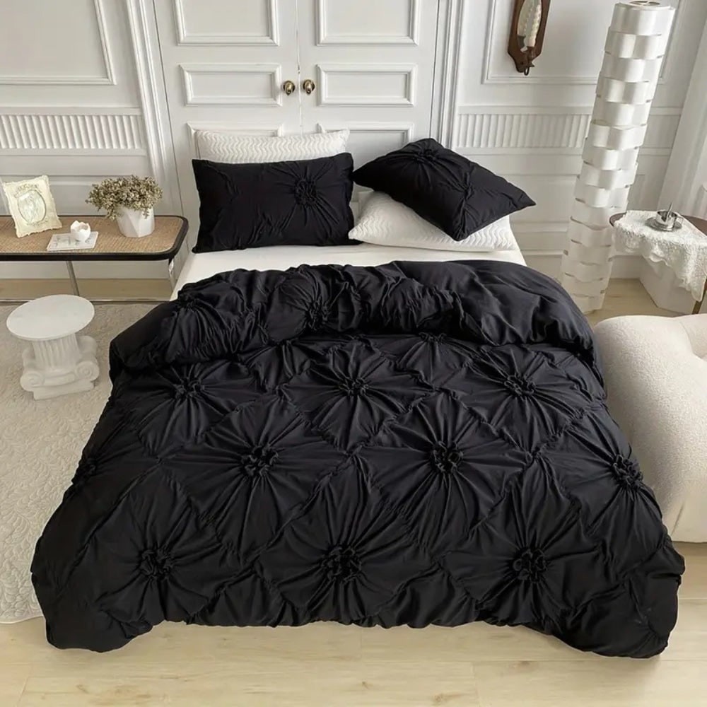 Duvet Cover Set with Pinch Pleat and Ruffled Flower Rosettes Textured Bedding Full Size - Image 3