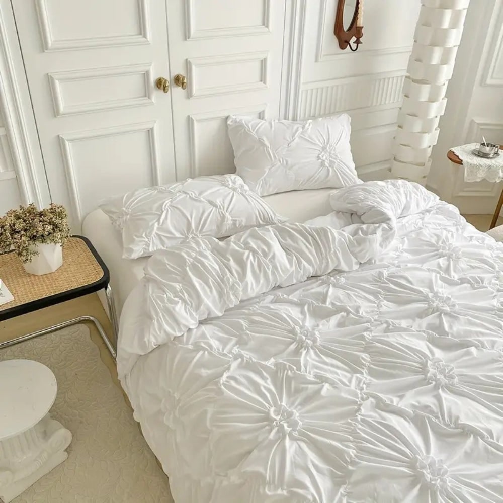 Duvet Cover Set with Pinch Pleat and Ruffled Flower Rosettes Textured Bedding Full Size - Image 4
