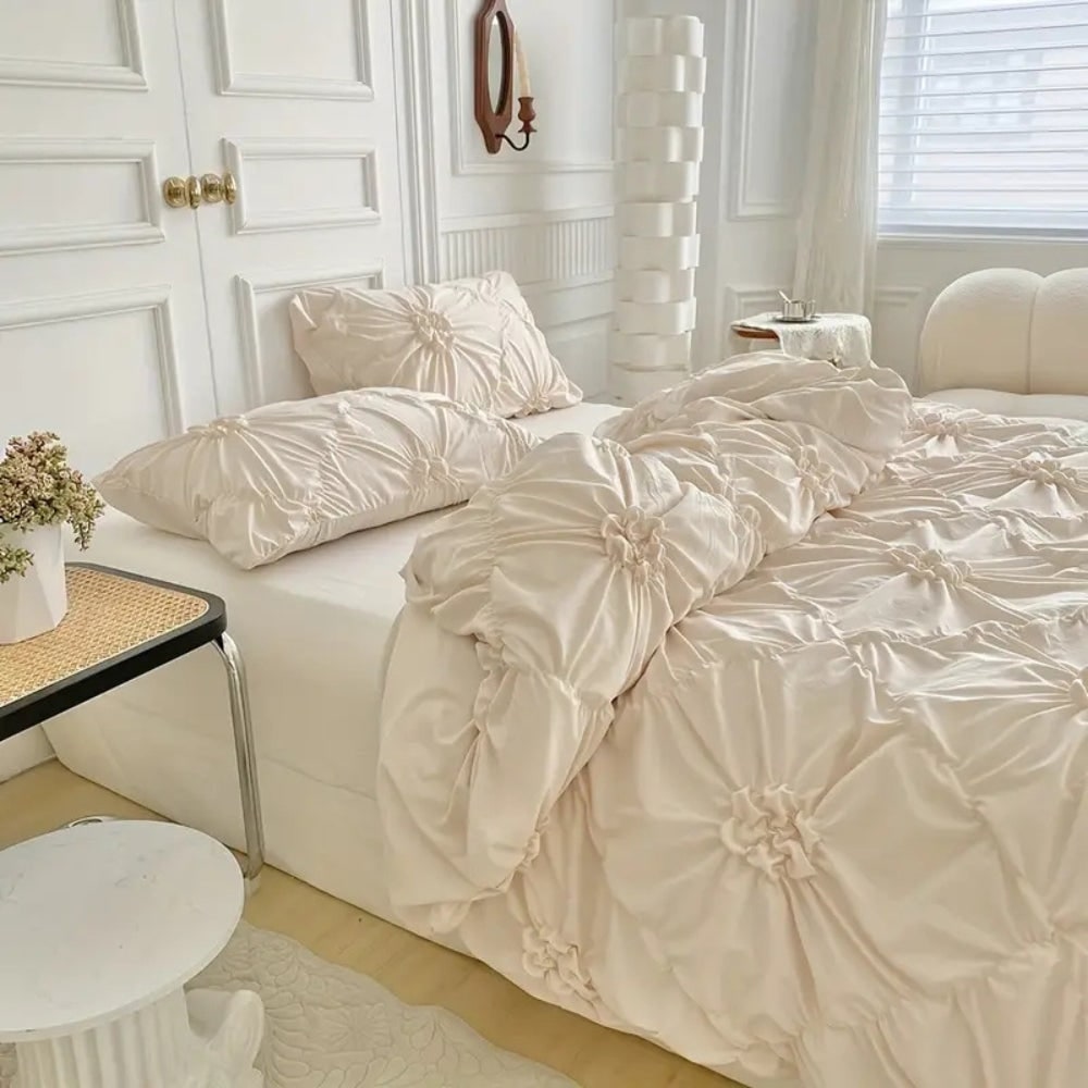 Duvet Cover Set with Pinch Pleat and Ruffled Flower Rosettes Textured Bedding Full Size - Image 5