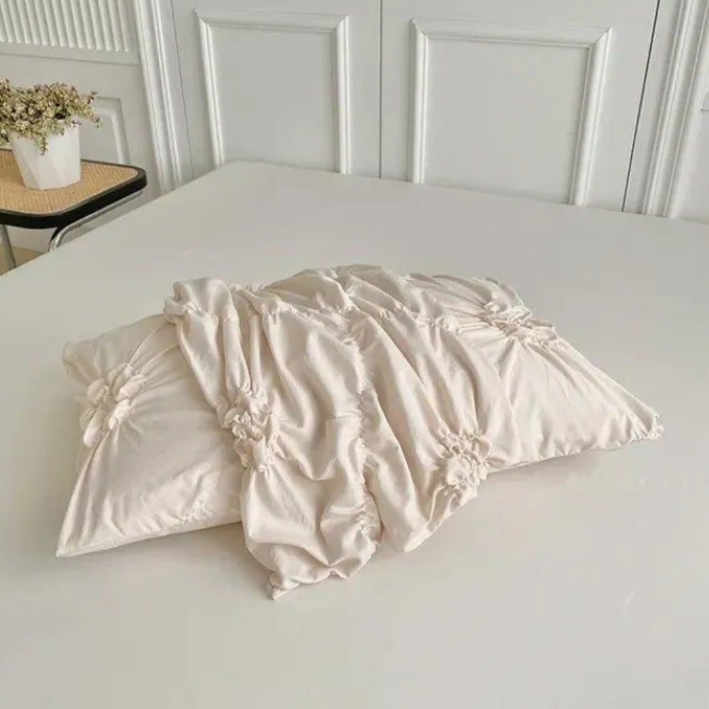 Duvet Cover Set with Pinch Pleat and Ruffled Flower Rosettes Textured Bedding Full Size - Image 6