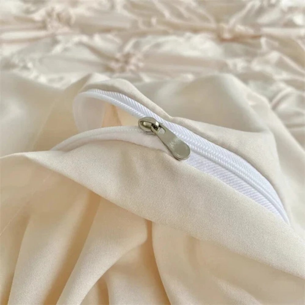 Duvet Cover Set with Pinch Pleat and Ruffled Flower Rosettes Textured Bedding Full Size - Image 7