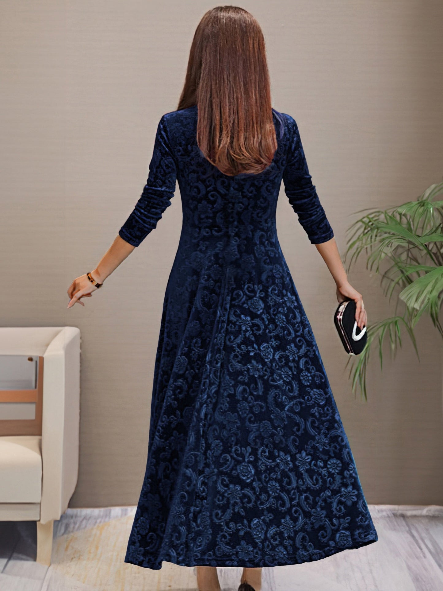 Women’s Floral Formal Dress Plus Size V-Neck Long Sleeve Style