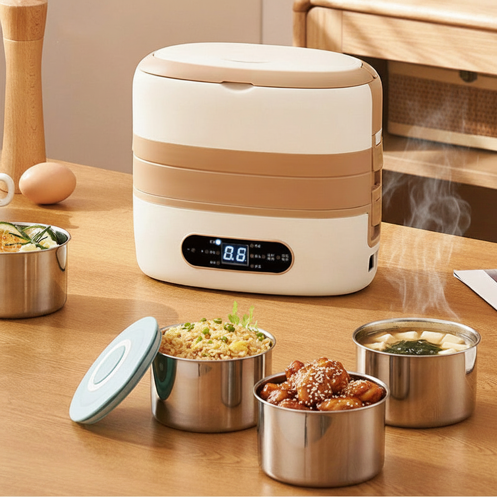 Electric Heated Stainless Steel Lunch Box with Bento Compartments and Locking Latches - Image 1