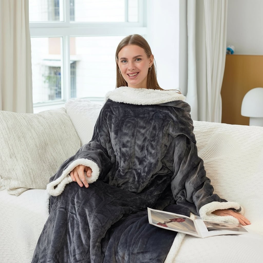 Electric Heated Wearable Blanket with Sleeves and Foot Pocket Sherpa Fleece Throw - Image 1