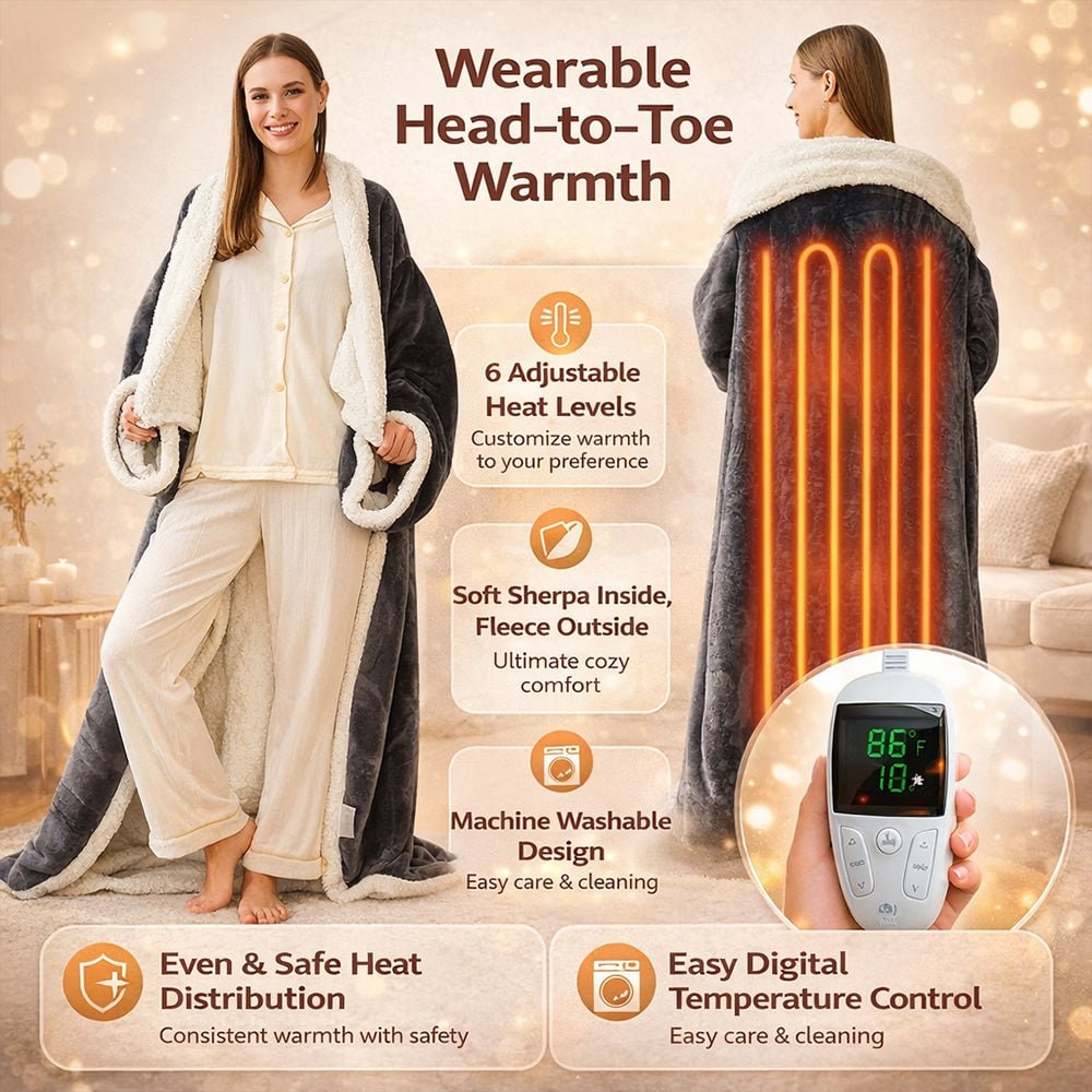 Electric Heated Wearable Blanket with Sleeves and Foot Pocket Sherpa Fleece Throw - Image 2