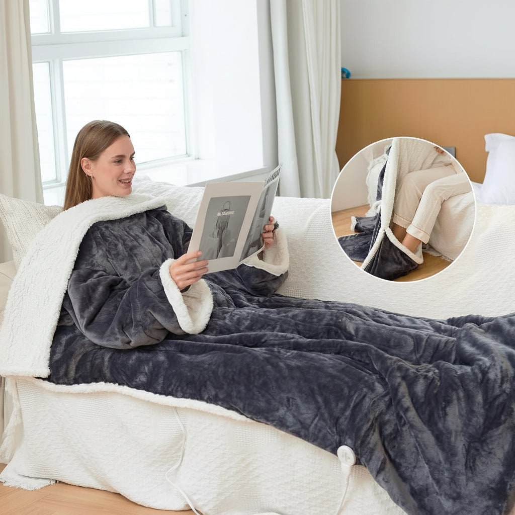 Electric Heated Wearable Blanket with Sleeves and Foot Pocket Sherpa Fleece Throw - Image 3