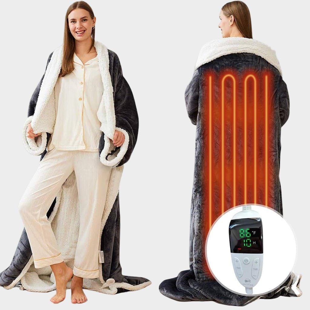 Electric Heated Wearable Blanket with Sleeves and Foot Pocket Sherpa Fleece Throw - Image 4