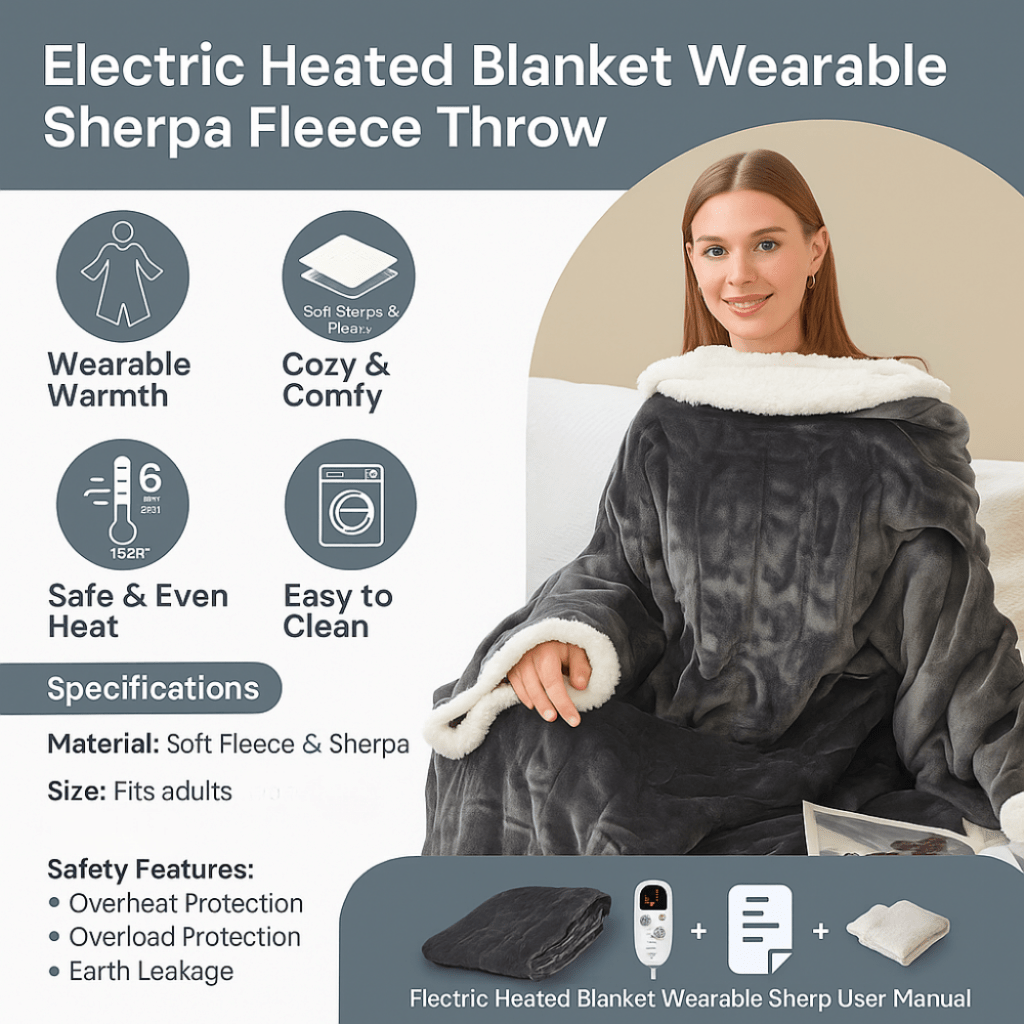 Electric Heated Wearable Blanket with Sleeves and Foot Pocket Sherpa Fleece Throw - Image 6